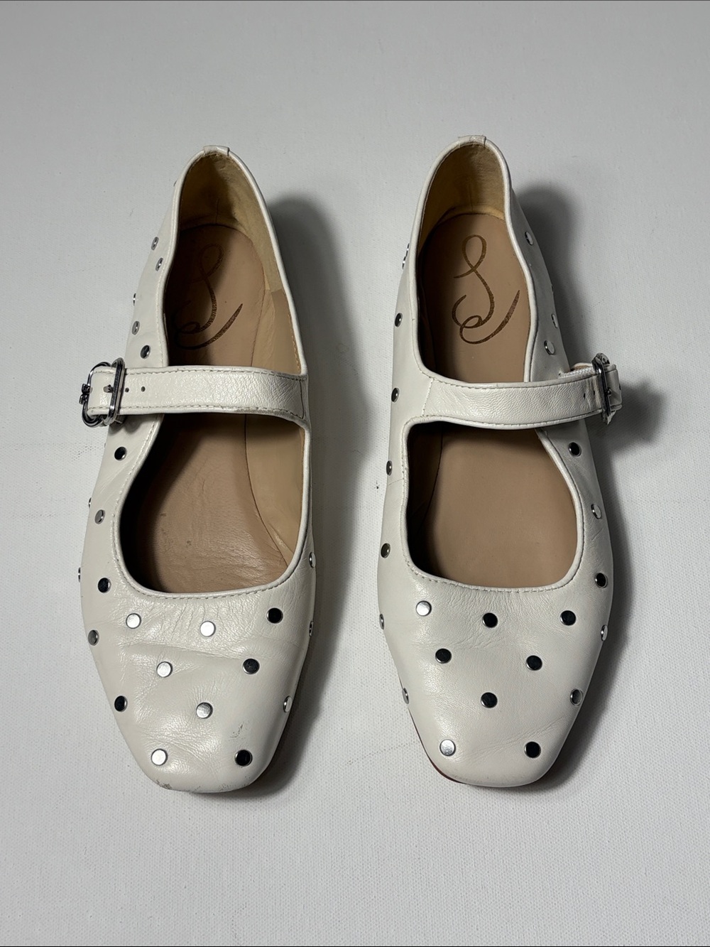 Sam Edelman White Leather Studded Mary Jane Flats Size 8.5